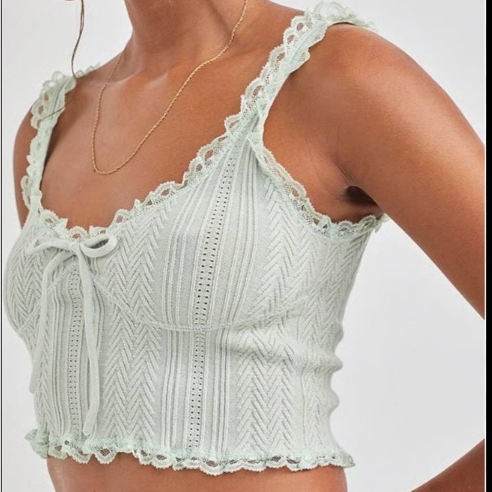 For Love And Lemons Green Ribbed Tie Front Crop Tank Top